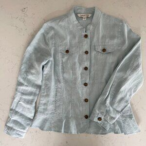 Coldwater Creek 100% Linen Button Down Jacket w Peplum Hem Powder Blue Sz S